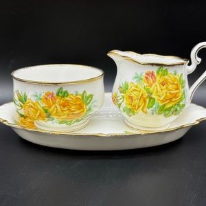 Royal Albert Tea Rose Large Creamer Sugar Bowl Tray Set Bone China England